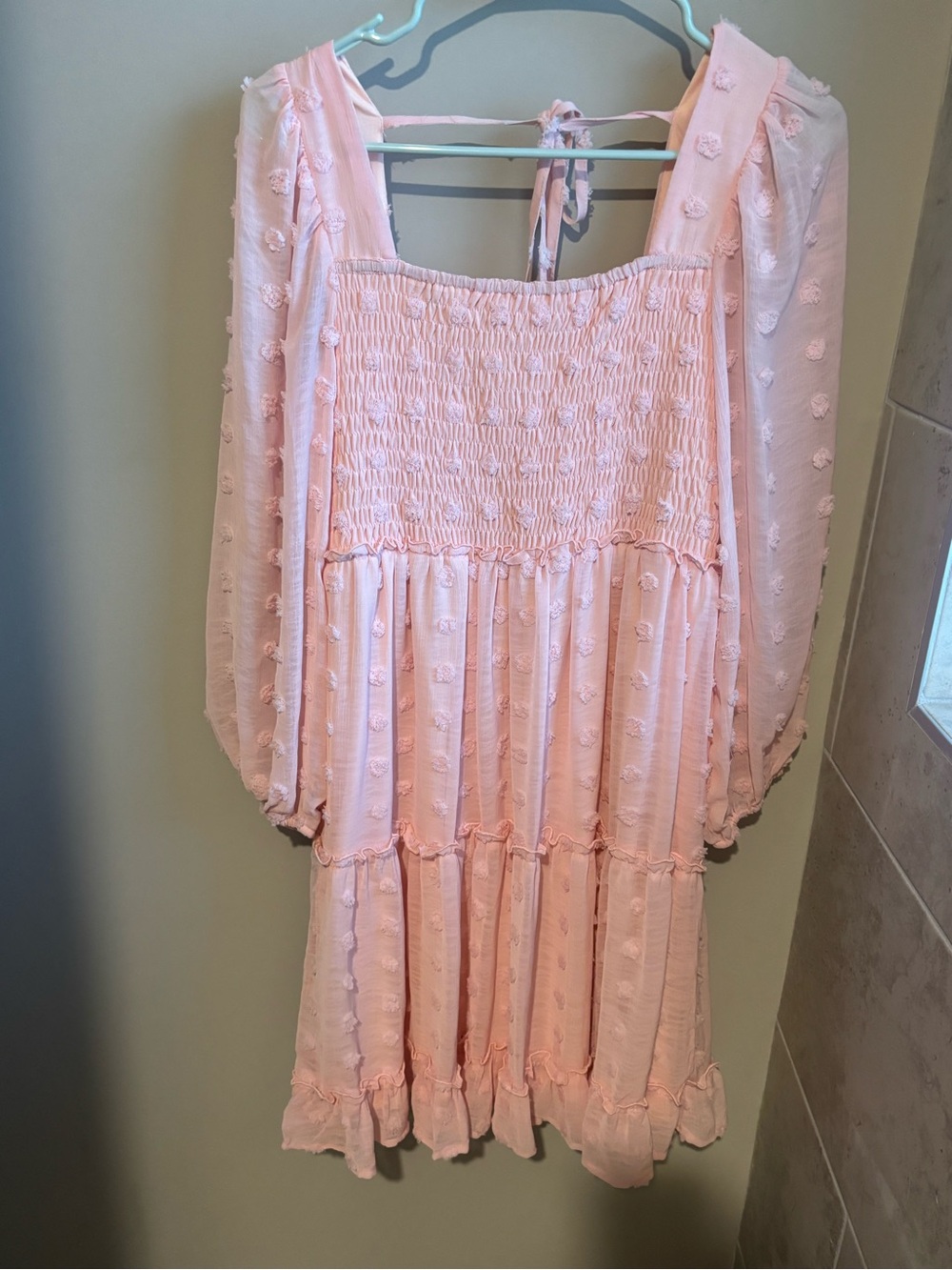 white birch Blush Pink Smocked Tiered Dress with Puff Sleeves
